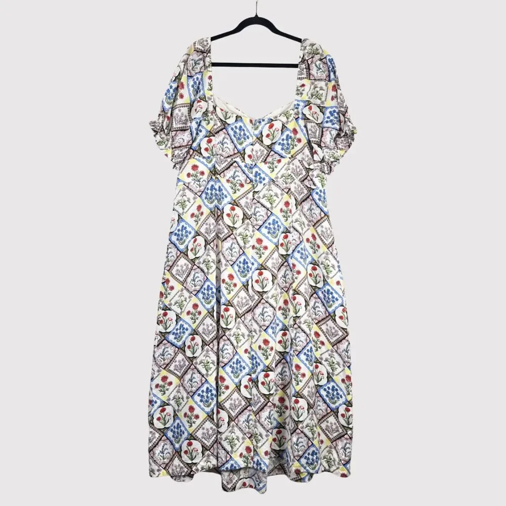 Boden Midi Dress Blue Sweetheart Linen Floral Patchwork Puff Sleeve Boho 20/22
